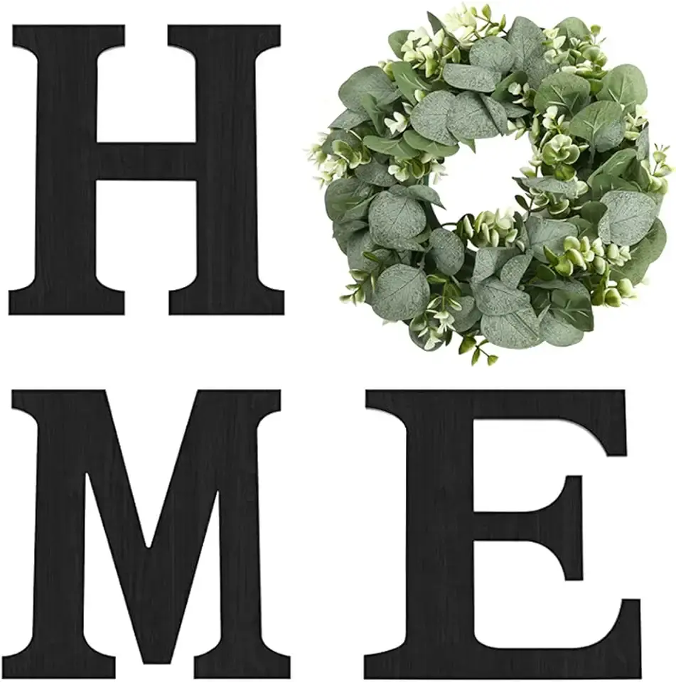 Wood Home Sign with Artificial Eucalyptus Wreath for O, Hanging Farmhouse Wall House Decor Wood Letters for Wall Art Rustic Home Decor, Wall Decor for Living Room Kitchen Entryway (Black)
