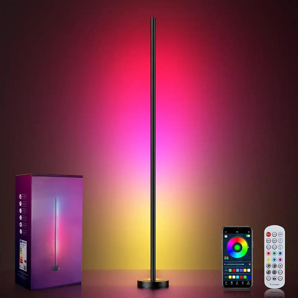 Smart RGBICW LED Corner Floor Lamp - 16 Million DIY Colors, 68+ Scenes, Music Sync, App &amp; Remote Control, Color-Changing Ambient Lighting for Living Rooms, Bedrooms, and Gaming Rooms