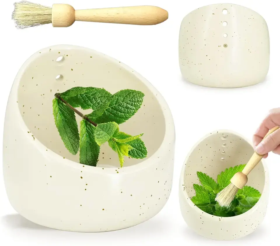 2025 Herb Stripper Bowl with Brush - Handmade Ceramic Herb Peeler for Cooking &amp; Salads, Efficient Herb Stripping Tool with Cleaning Brush, Pottery Kitchen Gadget for Meal Prep (1-Piece)