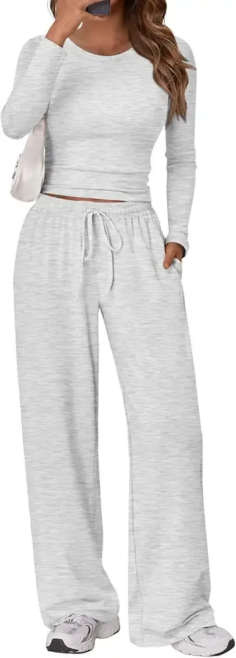 Trendy Queen Women&#x27;s 2 Piece Matching Lounge Set Long Sleeve Slightly Crop Top Wide Leg Pants Casual Sweatsuit OEKO-TEX STANDARD 100