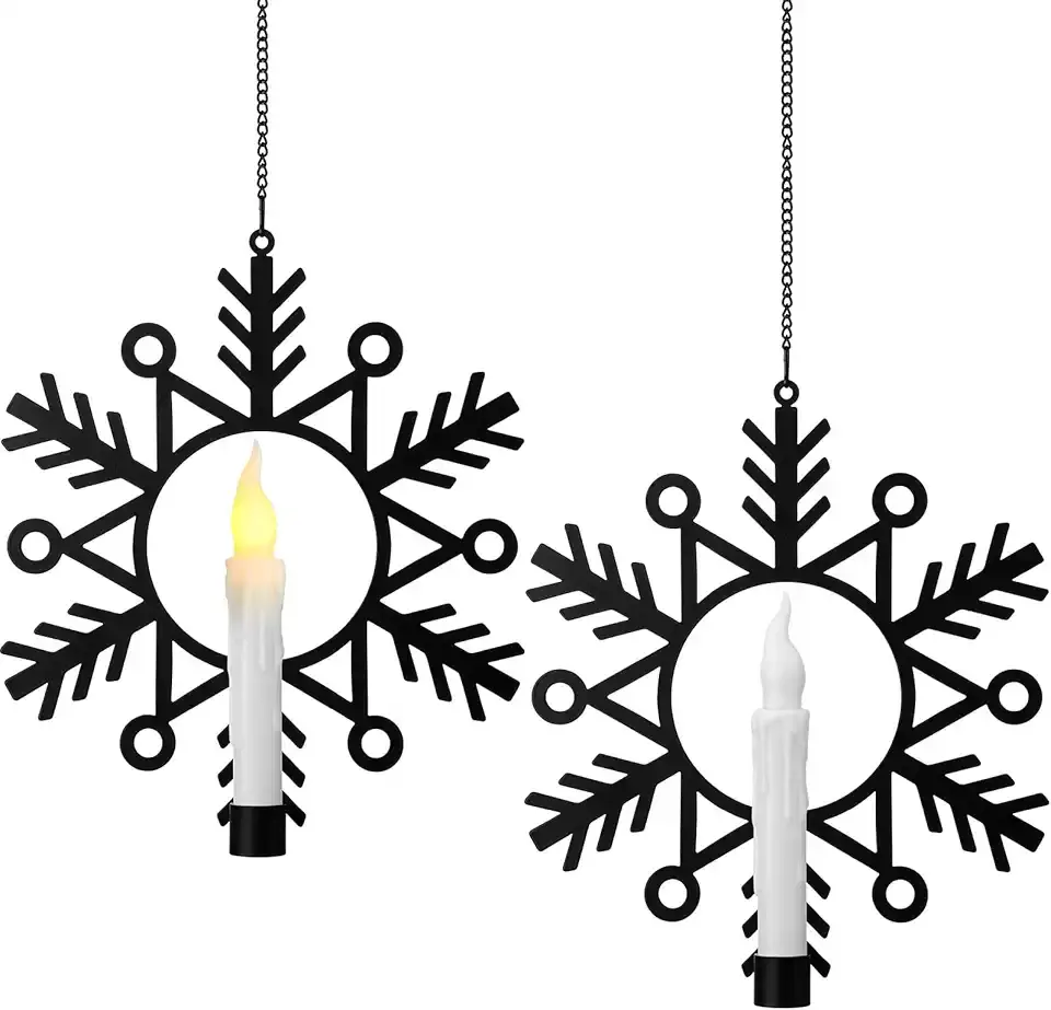 2 Pcs Metal Snowflake Window Wreath with Warm White Flameless Candle, 11.2 Inches Lighted Christmas Wreaths Hanging Indoor Outdoor, for Front Door Window Wall Ceiling Winter Decor(Black)