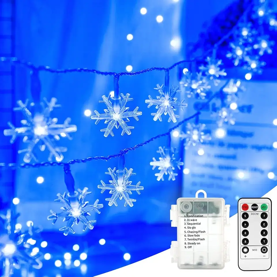 BrizLabs Blue Snowflake Lights, 40 LED 16.08ft Snow Flake Christmas String With Remote, Battery Twinkle, 8 Modes Xmas Waterproof for Outdoor Indoor Wedding Party Window Decor