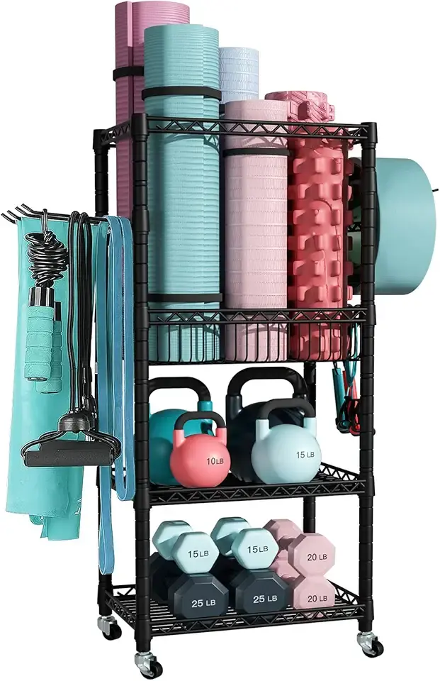 FUTASSI Home Gym Storage, 3 Tiers Workout Equipment Organizer with Wheels for Yoga Mats, Foam Roller, Dumbbells, Kettlebells, and Resistance Bands