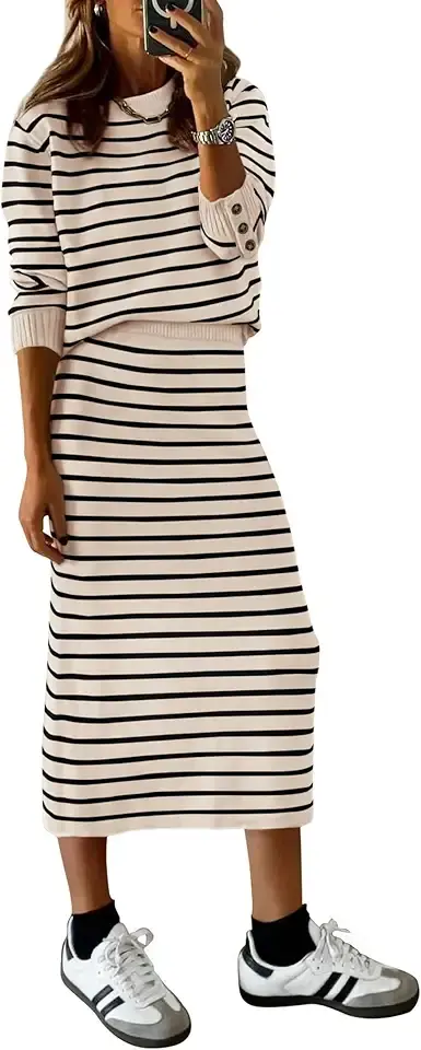 PRETTYGARDEN 2 Piece Skirts Sets For Women Fall Fashion 2025 Striped Sweater Dress Knit Lounge Travel Outfits Winter Clothing OEKO-TEX STANDARD 100