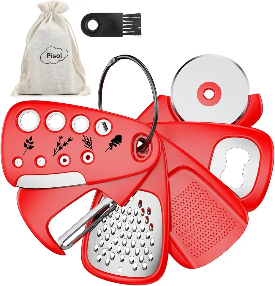 Pisol Kitchen Unique Gadgets Set 6 Pieces, Space Saving, Cheese Grater, Bottle Opener, Fruit Vegetable Peeler, Pizza Cutter, Garlic Ginger Grinder, Herb Stripper Gift Set Global Recycled Standard