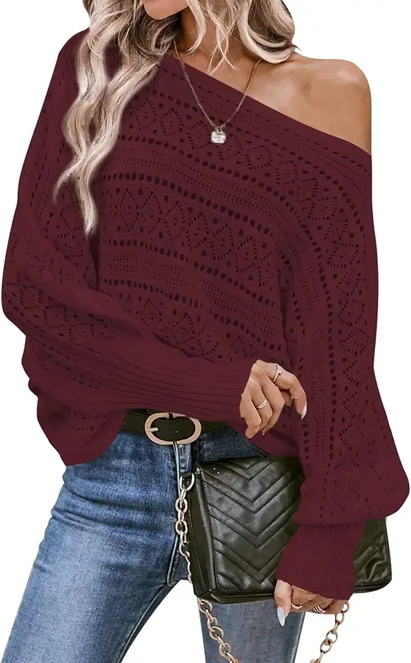 Cakulo Womens Off Shoulder Sweater Top Fall Outfits Fashion 2025 Oversized Knit Batwing Long Sleeve Crochet Pullover Sweaters