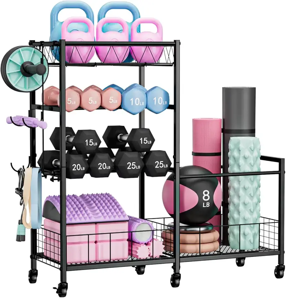 Dumbbell Rack, Home Gym Weight Rack Storage, Adjustable Dumbbell Stand Organizer with Wheels, Holds Dumbbells, Kettlebells, Yoga Mats