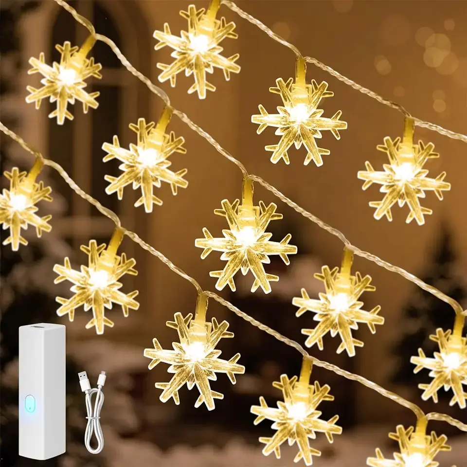 Christmas Lights, 20FT 40 LED Snowflake Fairy Lights Battery Operated Indoor, Rechargeable String Lights, Mini Twinkle Lights with 8 Modes &amp; Timer for Bedroom Party Xmas Tree Decorations Warm White