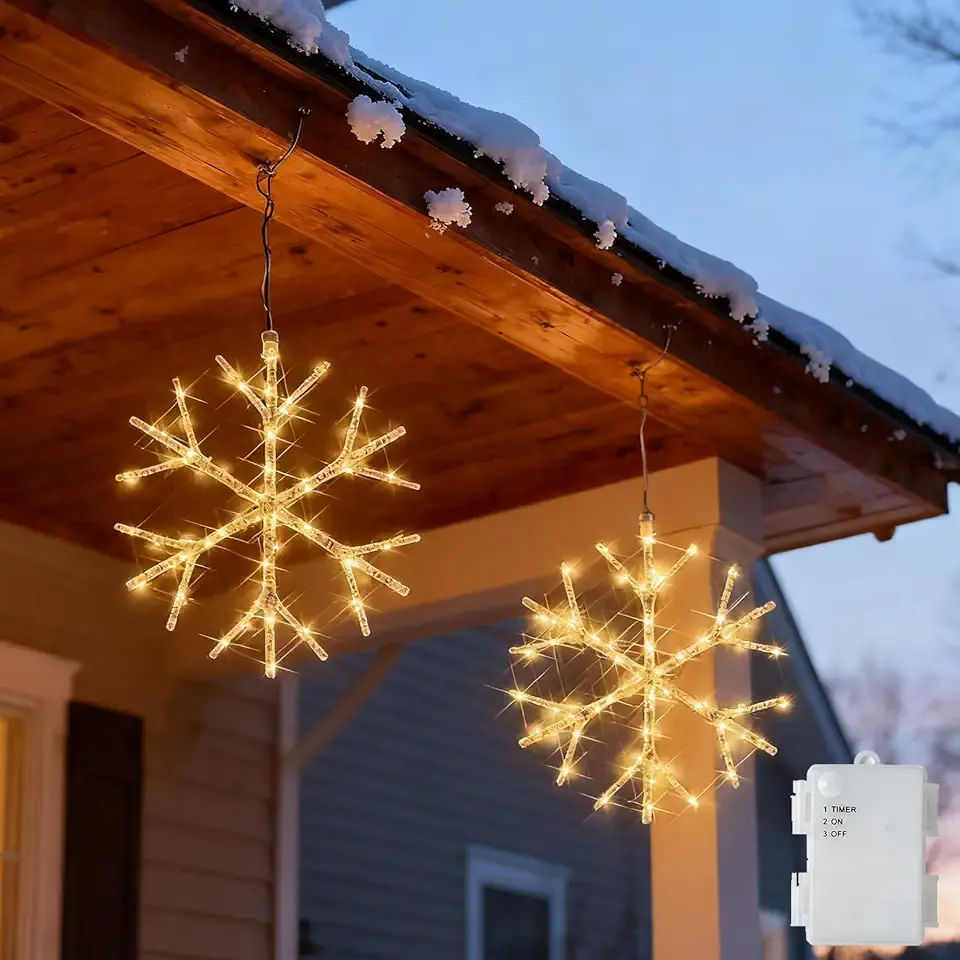 Hairui White Snowflake Lights Battery Operated with Timer 70 LED Fairy Lights 2 Pack 14IN for Window Christmas Decoration