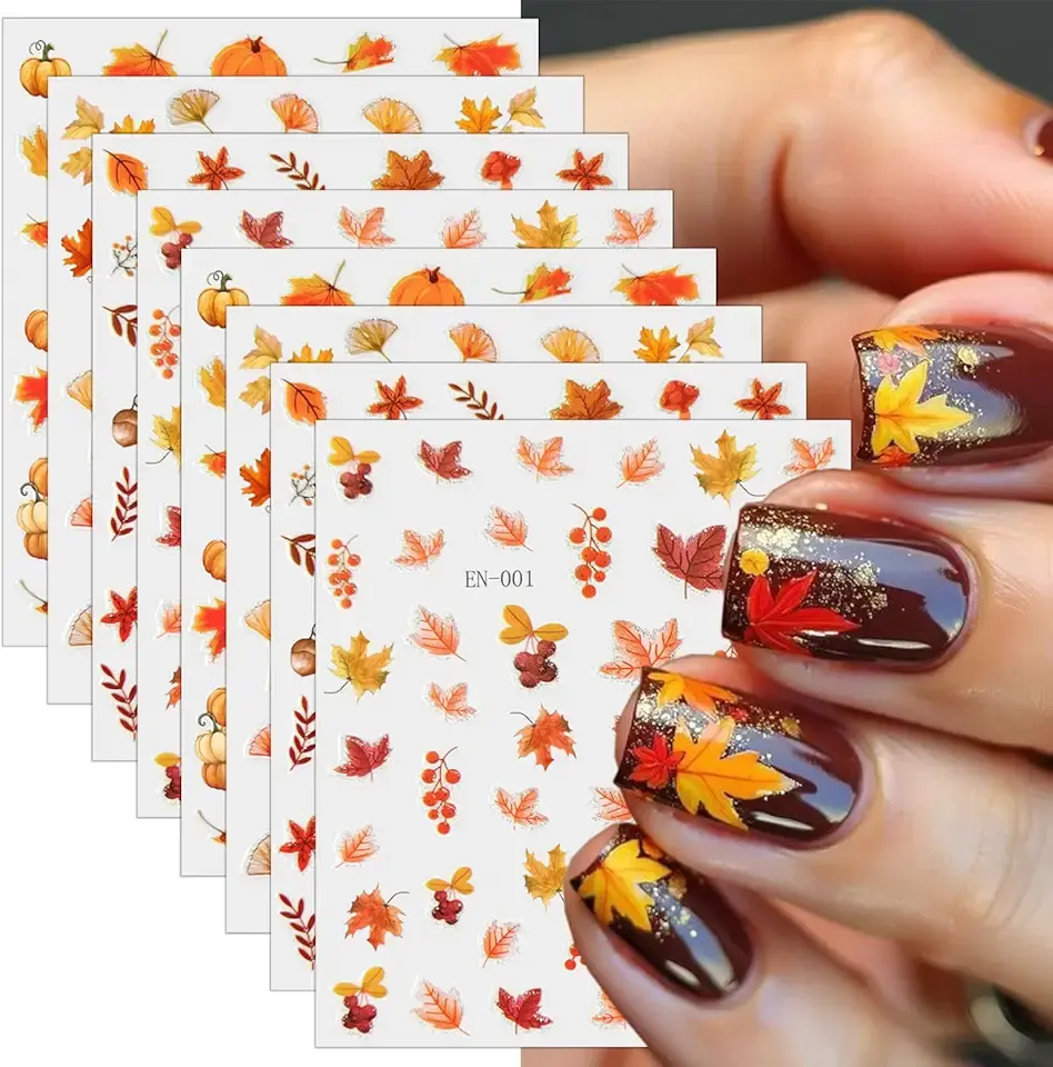 8 Sheets Autumn Maple Leaves Nail Stickers for Thanksgiving Pumpkins, Fall Fruit, Ginkgo Leaf - 3D Self-Adhesive Decals for Women Nail Art Design