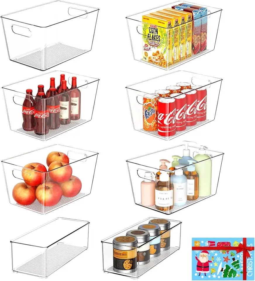 Set of 8 Clear Plastic Storage Bins, 6 Large +2 Small Pantry Organizers and Storage Containers for Kitchen Organization, Home Storage Essentials for Office, Closet, Garage, Freezer&amp; Bathroom