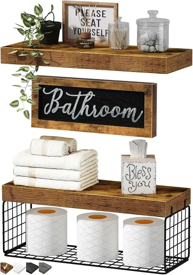 QEEIG ‎Bathroom Shelves Over Toilet - Paper Storage Wall Mounted Farmhouse Decor Decorations Aesthetic Décor Sign Small Floating Shelf 2+1 Set 16 inch, Rustic Brown (020BN)