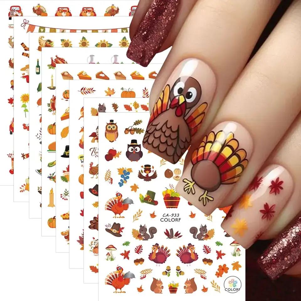 8 Sheets Fall Nail Stickers Thanksgiving Nail Art Stickers Fox Turkey Pumpkin Nail Decals 3D Self-Adhesive Scarecrow Maple Leaves Nails Design Sticker Holiday Manicure for Women Nails Decoration