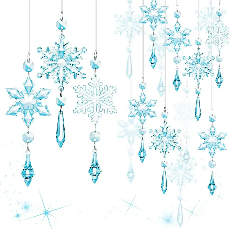 Boao Light Blue 15 Pcs Crystal Snowflake Ornaments for Christmas Tree Acrylic Snowflake Winter Wonderland Decorations for Party Favor Celebration