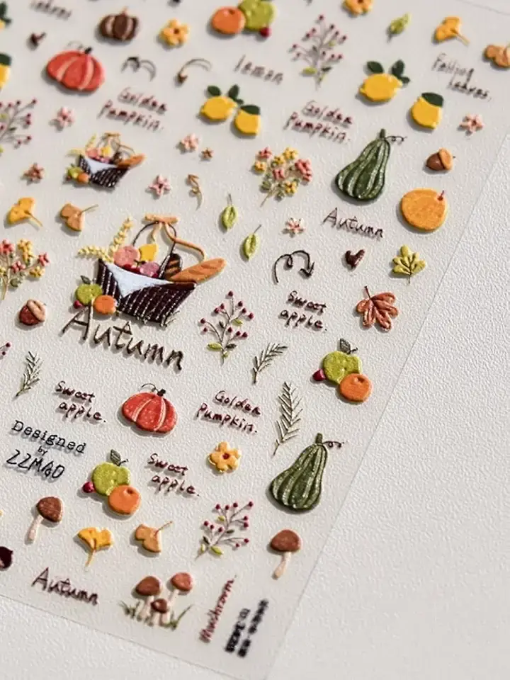 Fall Nail Stickers – 5D Embossed Autumn Nail Art with Pumpkins, Apples, Leaves &amp; Harvest Basket. Easy to Use, Self-Adhesive. Cozy Seasonal Look for Thanksgiving, DIY Manicure, Salon &amp; Home Décor