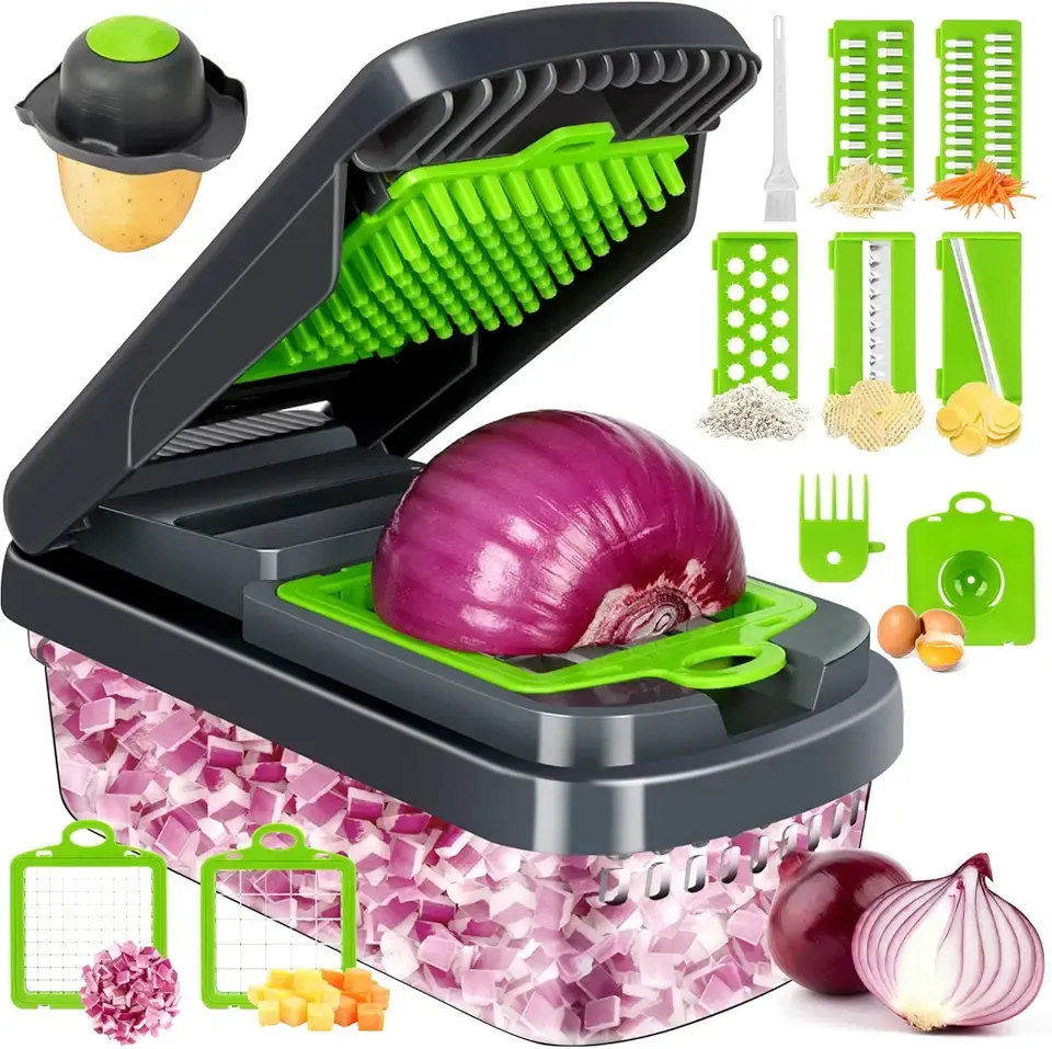Vegetable Chopper,12-in-1 Multifunctional Food Chopper,Professional Onion Chopper with 7 Blades,Vegetable Cutter with Container for Salad,Potato,Carrot,and Garlic; Essential Kitchen Tool(Grey)