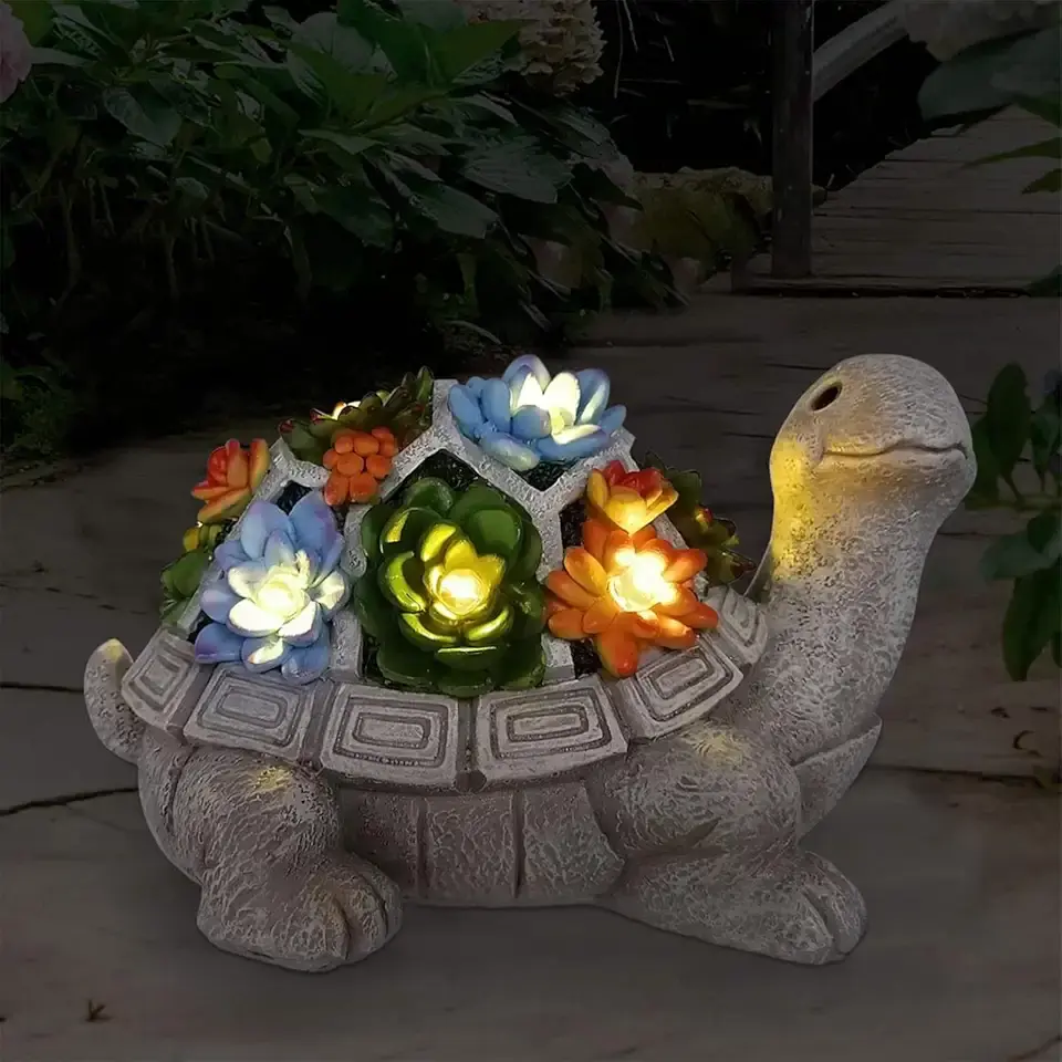 Nacome Solar Garden Outdoor Statues Turtle with Succulent and 7 LED Lights - Lawn Decor Tortoise Statue for Patio, Balcony, Yard Ornament - Chrismtas Gifts for Mom Grandma Global Recycled Standard
