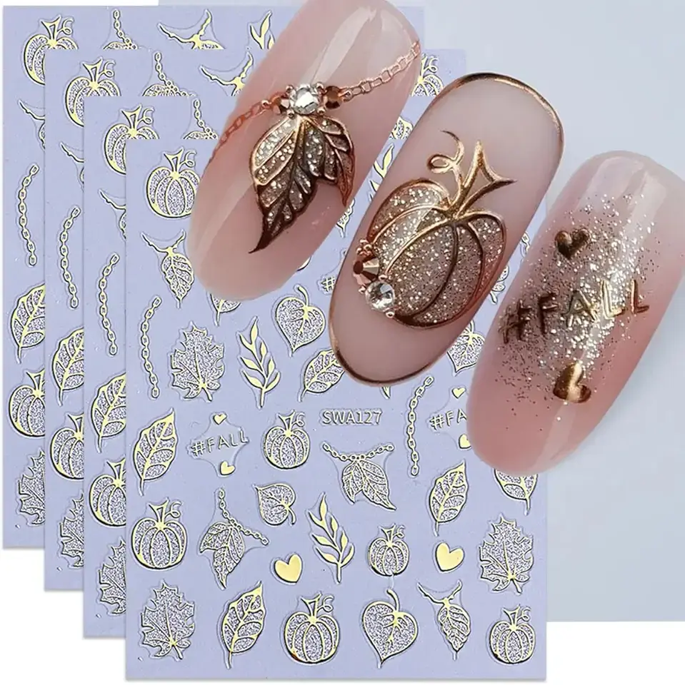 Fall Nail Art Stickers Autumn Maple Leaf Nail Decals 6 Sheets Gold Pumpkin Maple Leaves Design 3D Self-Adhesive Bronzing Nail Supplies Thanksgiving Day Nail Stickers for Women Nail Art Decoration