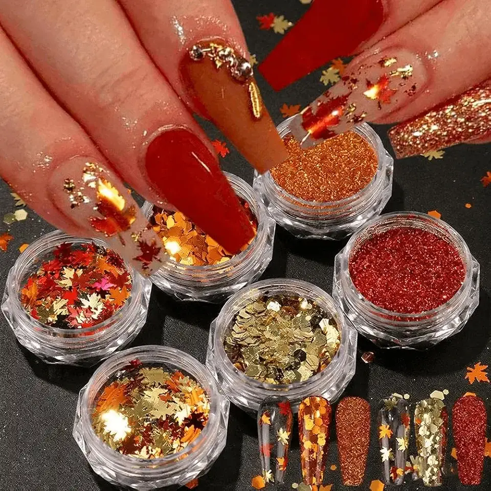 6 Rotundity Jars Fall Nail Art Glitters Gold Maple Leaves Autumn Nail Sequins Laser Red Orange Golden Tree Leaf Nails Decoration Accessories Craft Kit Supplies DIY Nail Decals Nail Designs for Women
