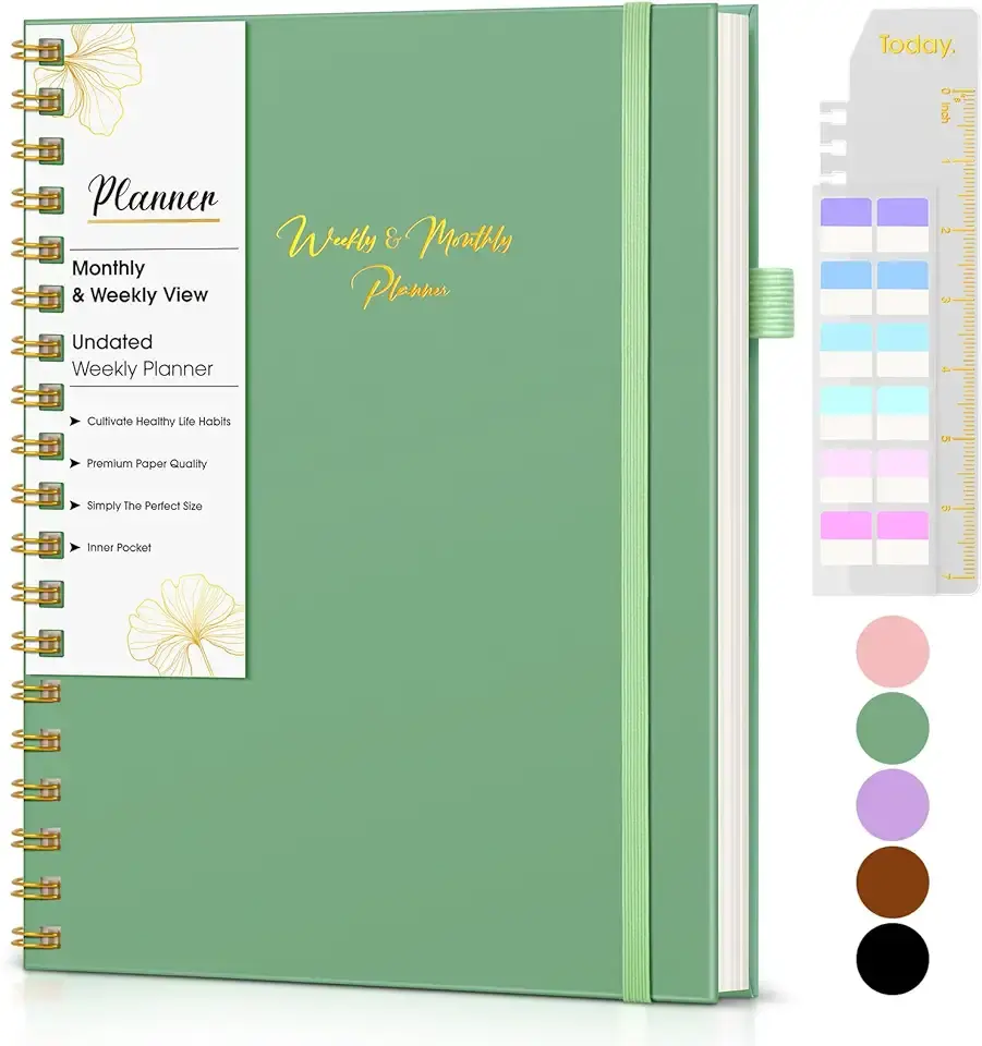 Undated Weekly and Monthly Planner, B5 Large Weekly To Do List Notebook with Goal &amp; Habit Tracker Organizer, Hardcover Spiral Bound Blank Monthly Planner for Work School Home 7.4&quot; x 9.64&quot; Green