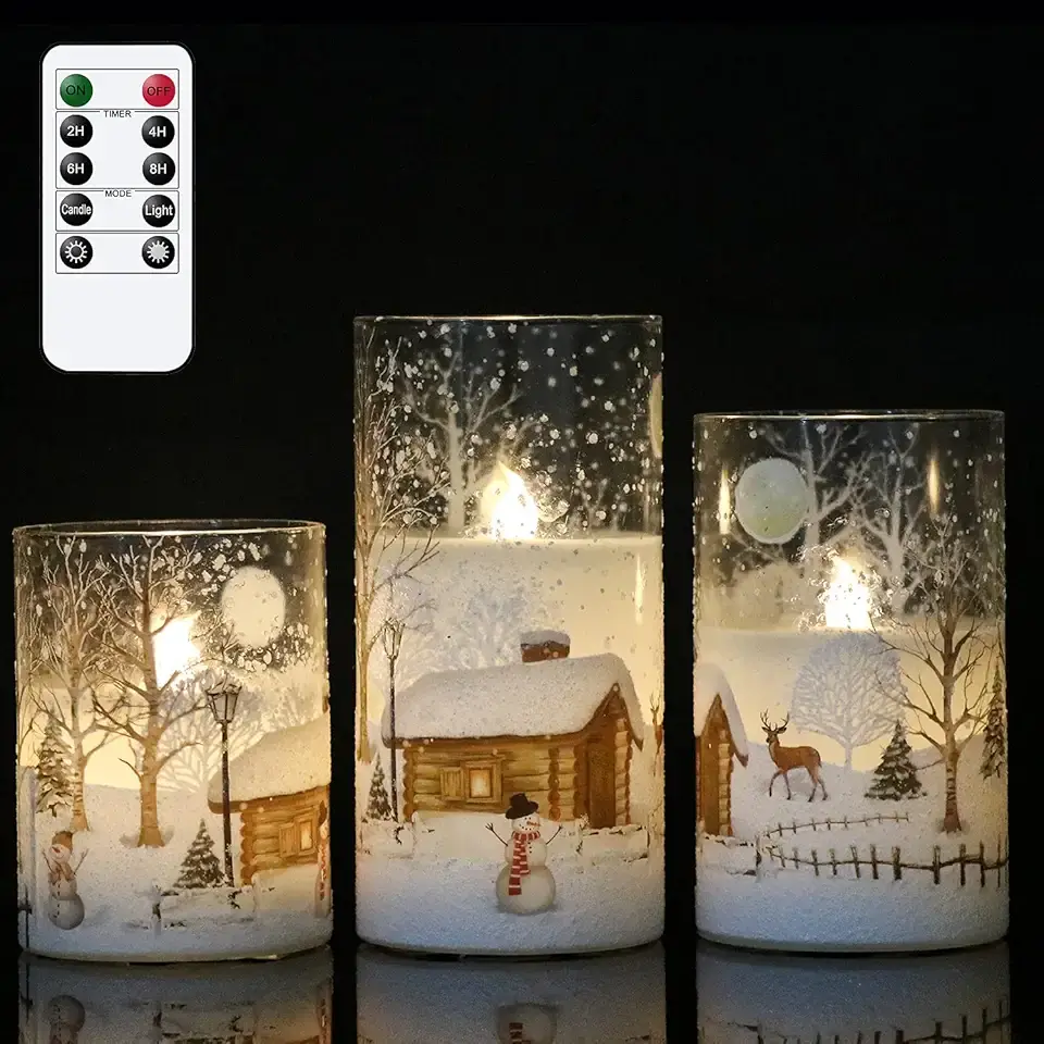 DRomance Snowman Glass Flameless Candles Battery Operated with Remote and Timer Real Wax LED Flickering Pillar Candles White Cold Light Window Christmas Holiday Decor D3 x 4&quot;,5&quot;,6&quot;