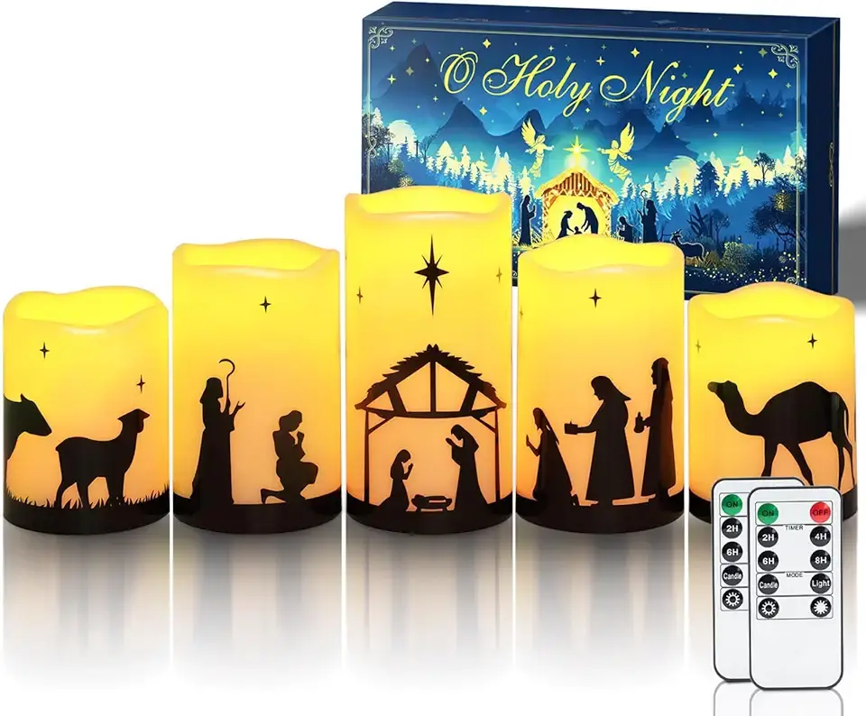 Homemory Flameless Christmas Nativity Scene Candles, Battery Operated LED Pillar Religion Candles, Nativity Sets Indoor Outdoor Decor for Xmas Holiday Home Decor, Remote Timer, Christmas Decor, 5 Pack