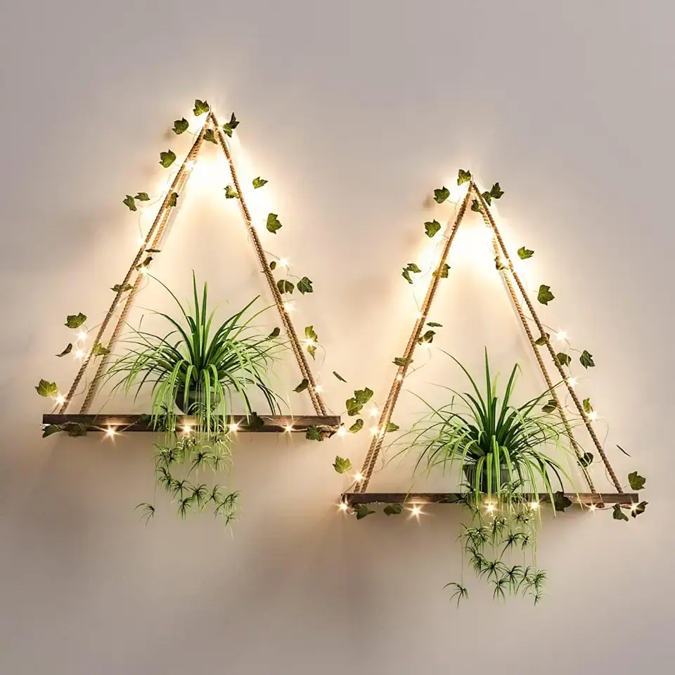 RICHER HOUSE Artificial Ivy LED-Strip Wall Hanging Shelves Set of 2, Macrame Shelf for Bedroom Living Room Kitchen, Wood Hanging Plant Shelves for Wall Décor, Thanksgiving &amp; Christmas Decorations