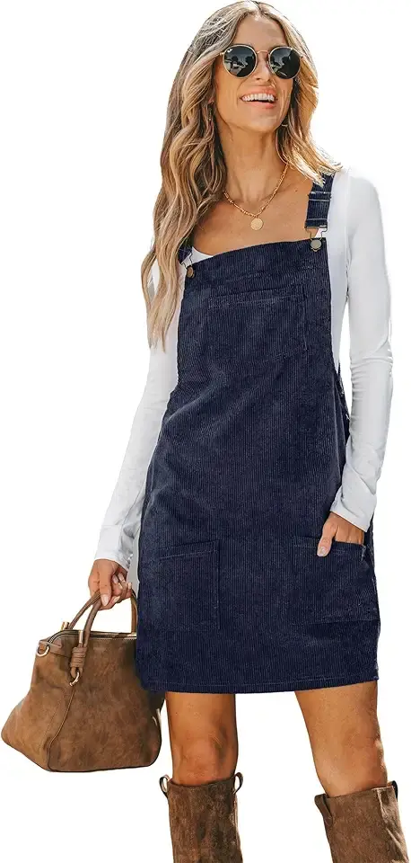 CUPSHE Women Corduroy Fall Dresses Front Bib Pocket Square Neck Wide Strap Casual Overall Mini Dress