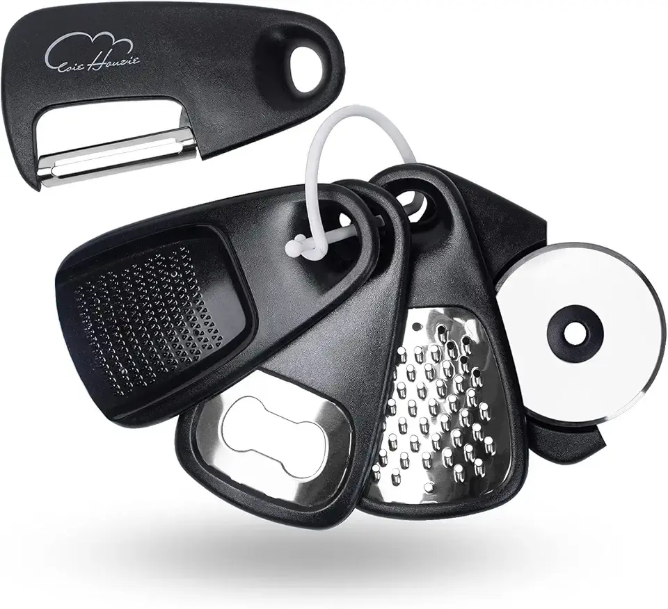 Kitchen Gadgets Set 5 Pieces, Space Saving Cooking Tools Kitchen Accessories - Fruit/Vegetable Peeler, Cheese/Chocolate Grater, Bottle Opener, Pizza Cutter, Garlic/Ginger Grinder Gift Set (Black)