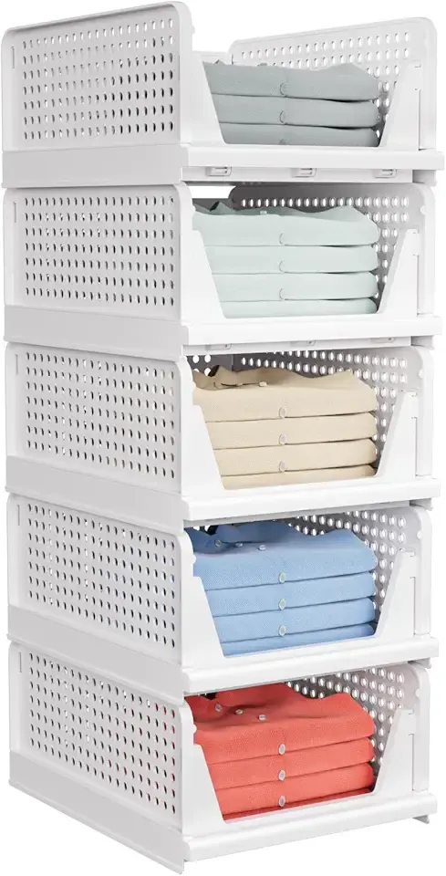 5 Pack Stackable Closet Storage Basket - Stackable Storage Bins, Multifunctional &amp; Foldable Closet Organizer Waterproof, Wardrobe Cupboard Space-Saving Hat Storage Drawer Organizer, White