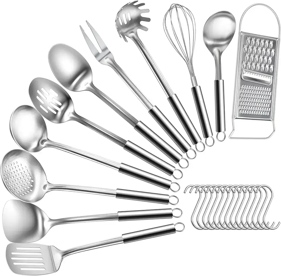 Bestdin Kitchen Utensils Set 12Pcs - Nontoxic Stainless Steel Cooking Utensils, Non-Stick and Heat Resistant Metal Kitchen Gadgets Tools, Cookware, Dishwasher Safe, Mirror Polished
