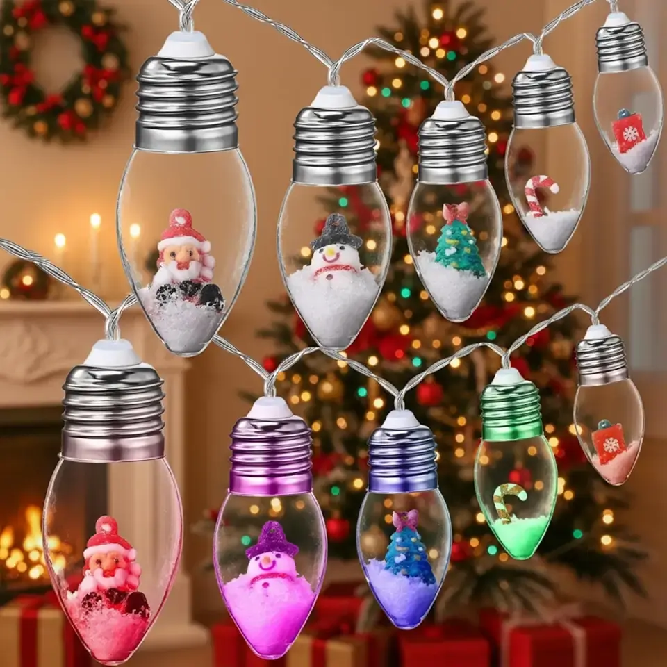 1 Pc Christmas Snow Globe 6.6ft 10 LED String Light Clear Bulb Christmas Tree String Light with Cute Ornament Vintage Decor Lights for Bedroom Table Party Decor Battery Operated (Multicolor)