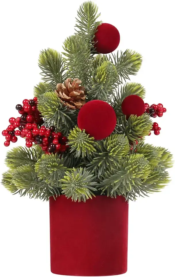 Small Christmas Tree, 12Inch Artificial Burgundy Velvet Ball Berry Mini Tabletop Christmas Decorations, for Home Party Thankgivings Xmas Indoor Decor.