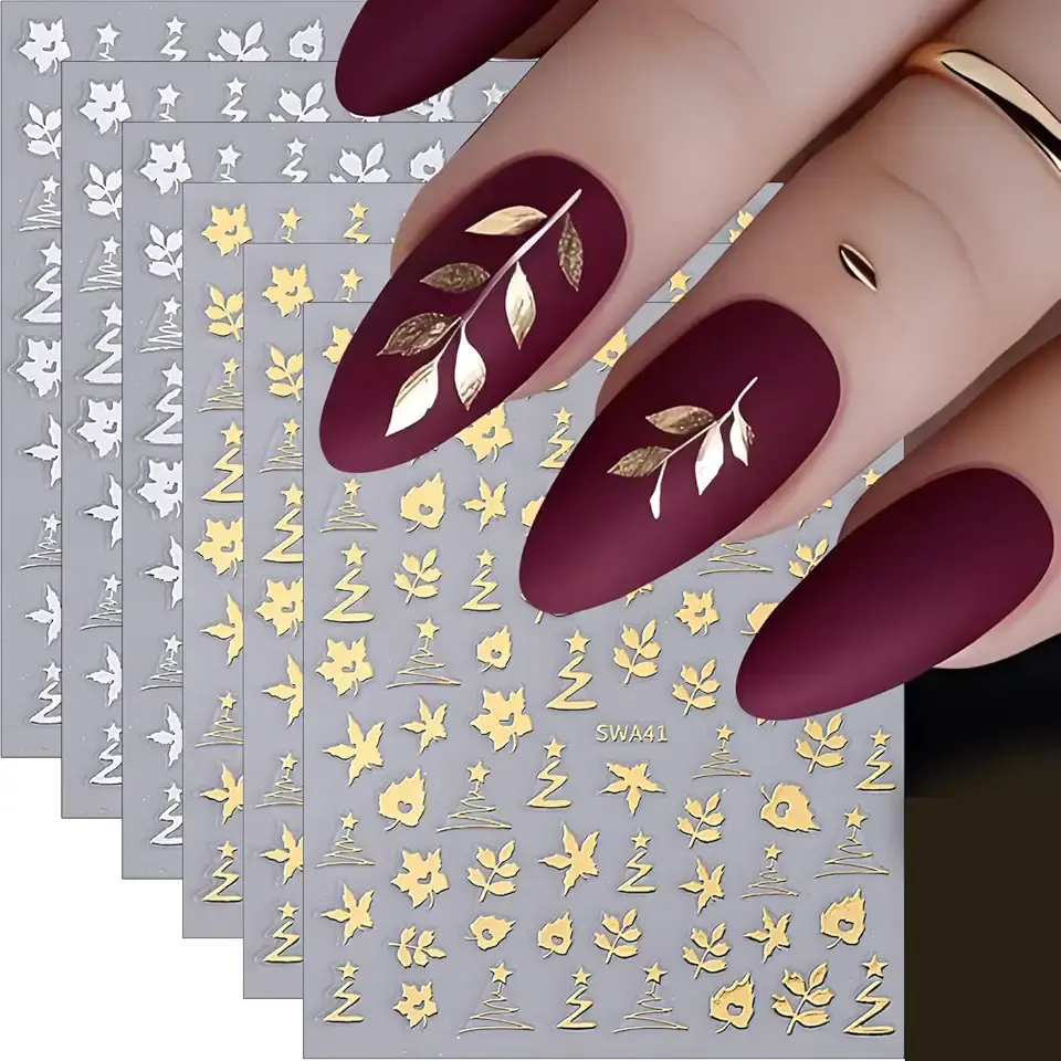 Fall Maple Leaves Nail Art Stickers for Thanksgiving, Gold Silver Maple Leaves Nail Decals 3D Self-Adhesive with Flowers Leaf Design 6Pcs Fall Glitter Nail Art Supplies for Women Nail Decoration