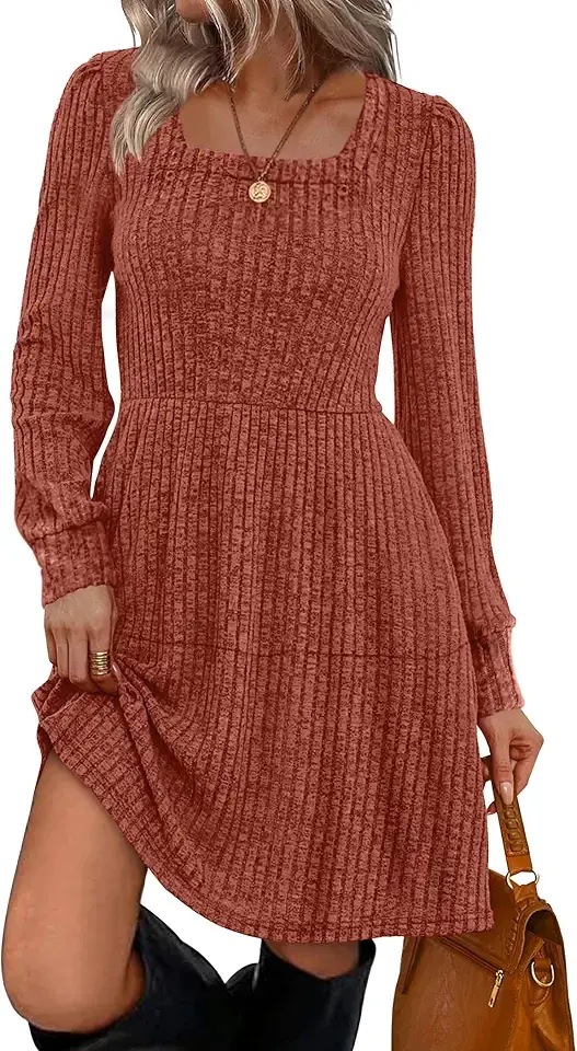 SAMPEEL Womens Square Neck Long Sleeve Fall Dresses Casual Babydoll Sweater Dress OEKO-TEX STANDARD 100