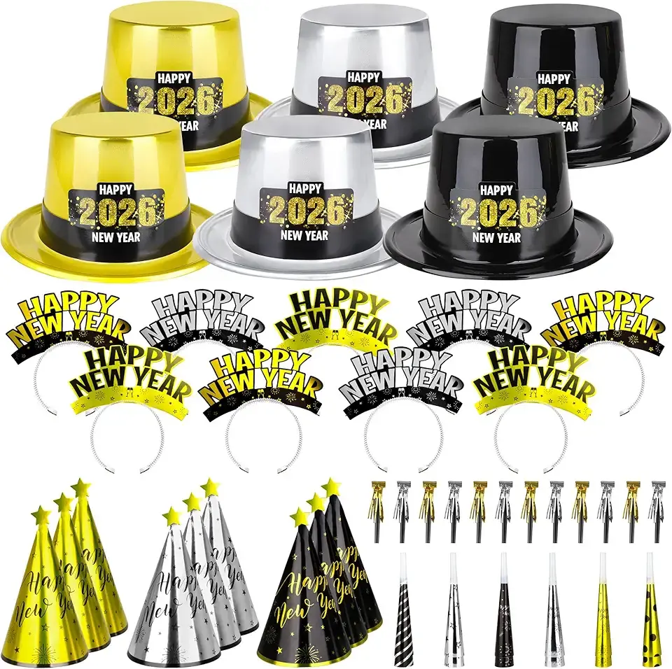 48PCS New Year&#x27;s Eve Party Supplies for 24 Guests - Happy New Year Headband, Gold Black Party Favors, Cone Hats, Horns, Blowouts - Accessories in Plastic Cardboard