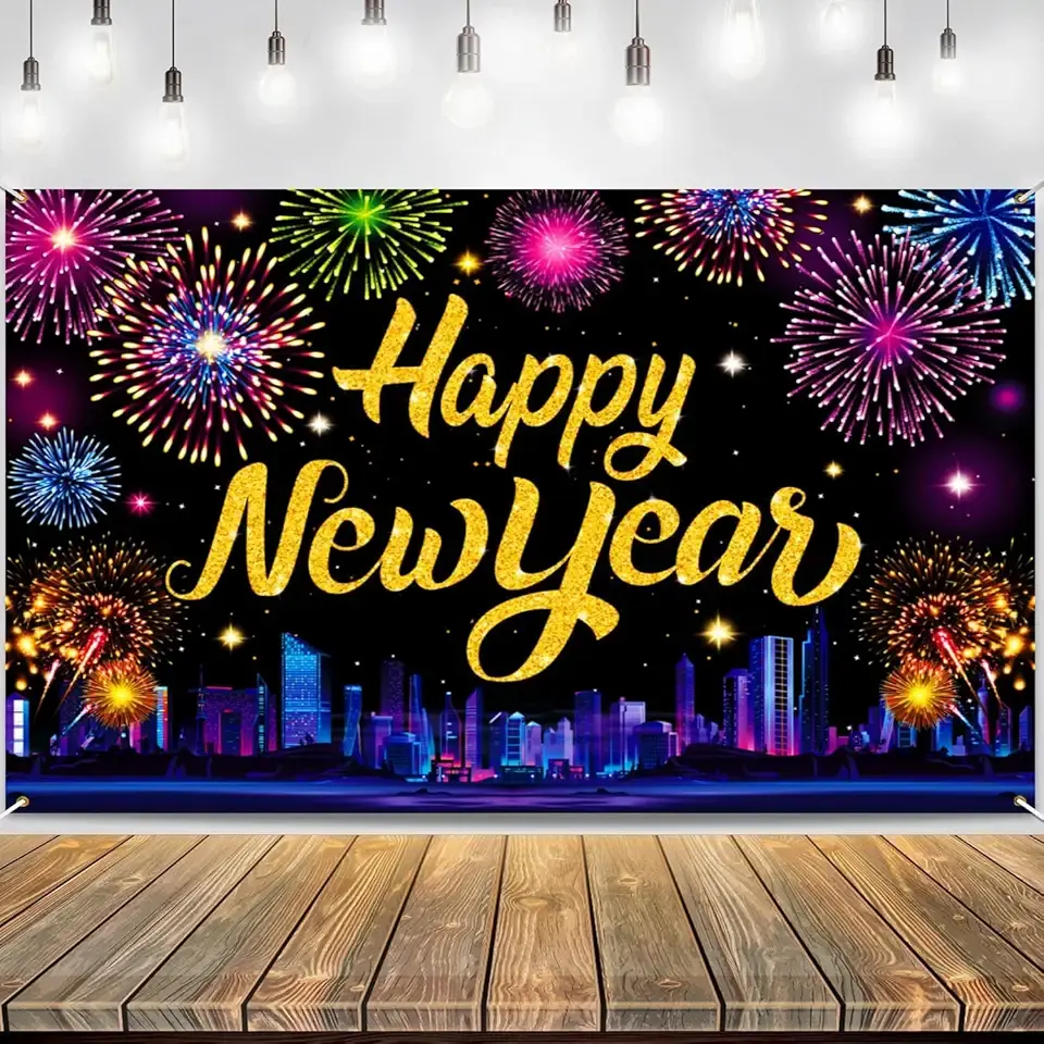 Ideal New Years Eve Party Supplies 2026, Premium Happy New Year Backdrop Banner, Large 72x44in, Classic Design, HQ Fabric, HD Printing, Perfect for NYE Decorations 2026