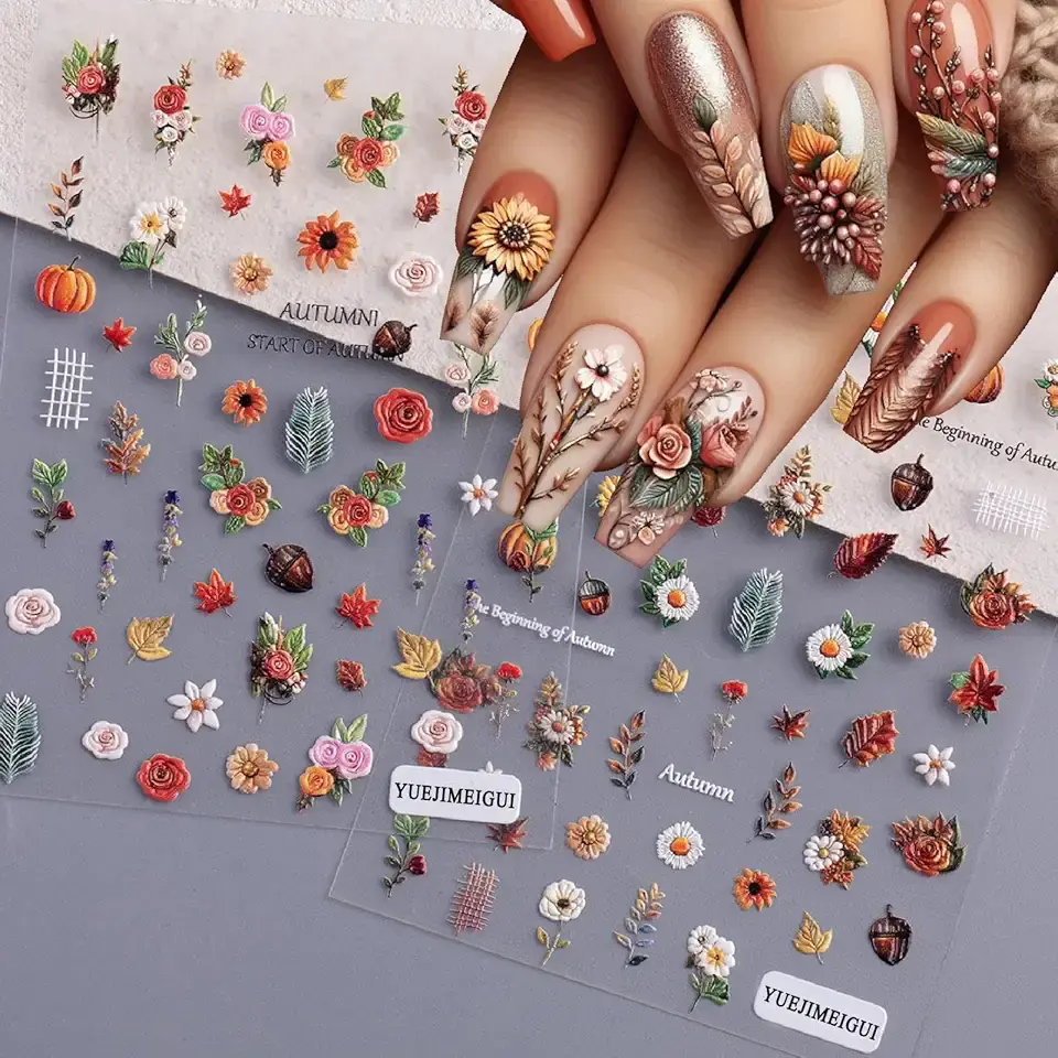 2 Sheets Maple Leaf Nail Art Sticker 5D Embossed Thanksgiving Pumpkin Nail Stickers Pinecone Rose Ginkgo Leaf Design Nail Decals for Women Autumn Manicure Decoration