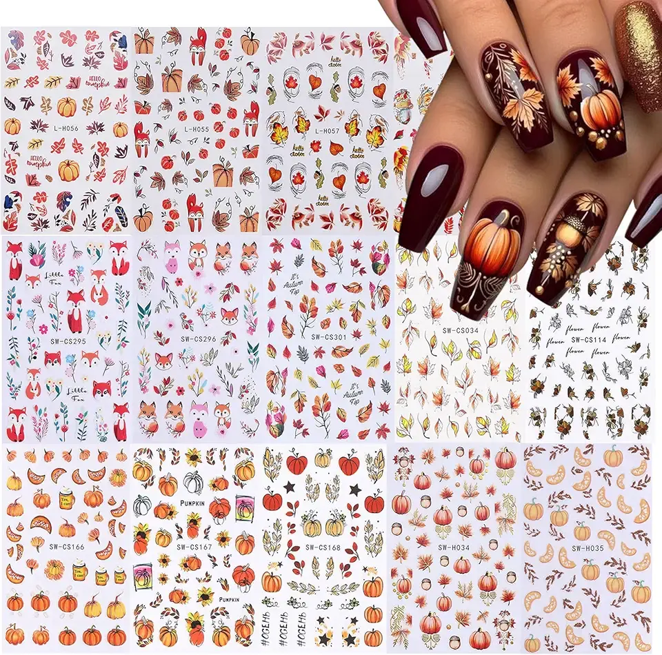 Thanksgiving Stickers for Nails Art Decals 14 PCS Fall Autumn Leaves Nail Stickers Pumpkins Maple Leaf Designs Self Adhesive 3D Cute Squirrel Fox Animal Holiday Slider Nail Supplies for Season Decor