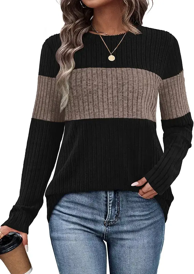 WIHOLL Womens Sweaters Trendy Color Block Tops Long Sleeve Shirts Fall Outfits Early Fall Fashion 2025 Winter Clothing OEKO-TEX STANDARD 100
