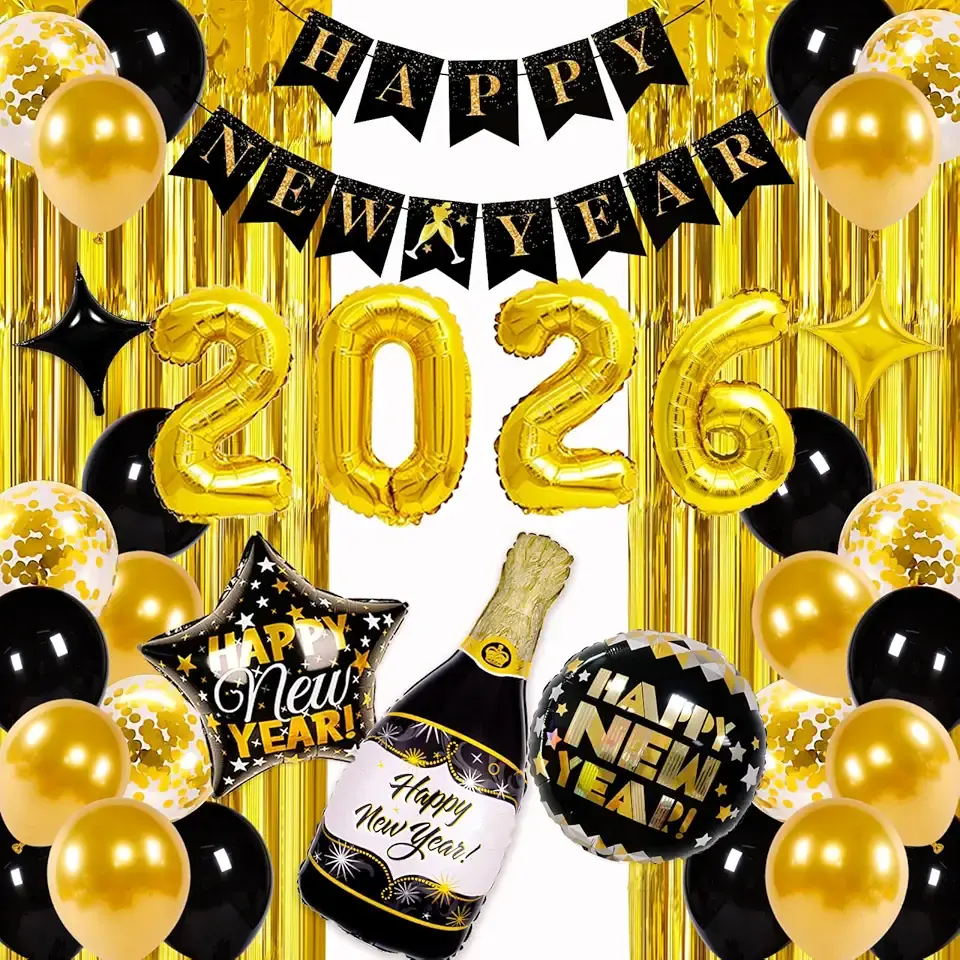 2026 Happy New Year Balloons Decorations Kit, 2026 New Years Eve party supplies, New Years Decorations 2026 Set with 2026 Foil Balloons Happy New Year Banner Champagne Curtains Backdrop for NYE Decor