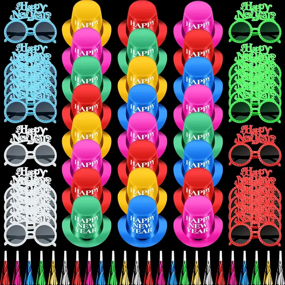 Hungdao 72 Pcs New Years Eve Party Supplies Happy New Year Decorations Includes 24 Paper Top Hats, 24 Colorful Noise Maker and 24 Glasses for Party Decor