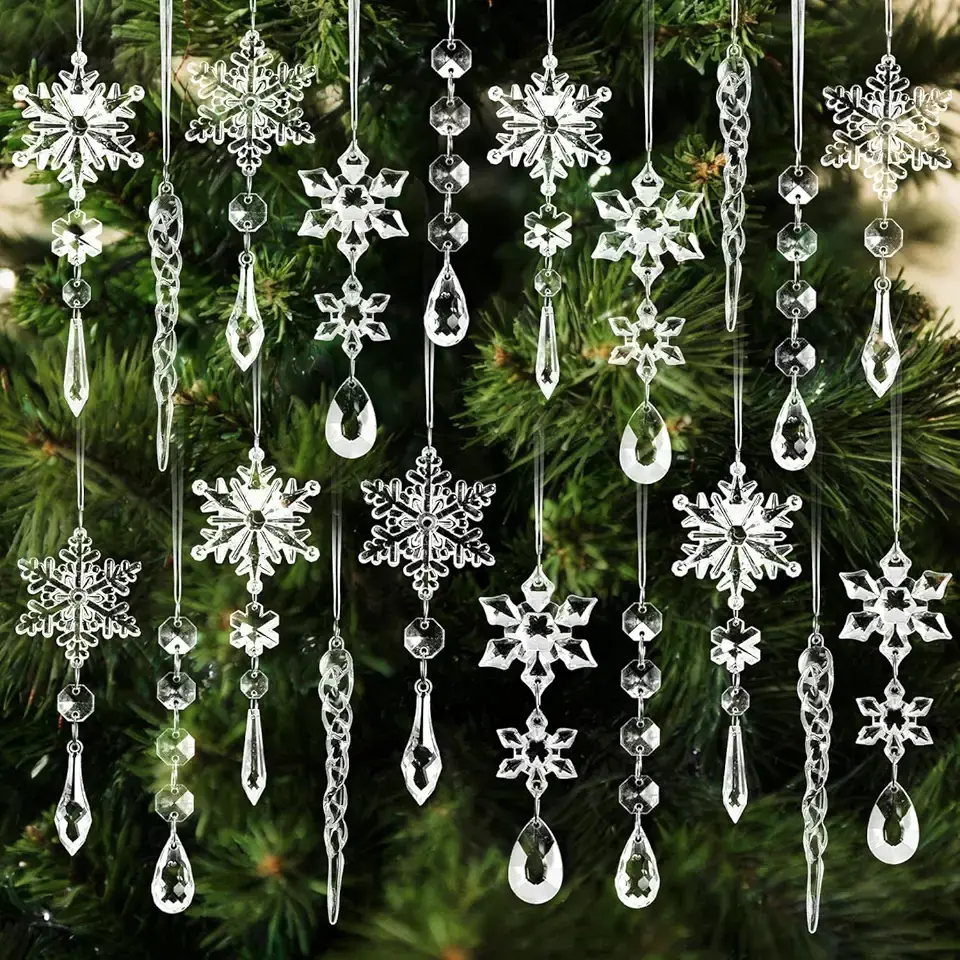 20pcs Christmas Ornaments Christmas Tree Decorations Hanging Acrylic Snowflake Icicle Crystal Ornaments with Drop Pendarts for Christmas Decorations Indoor Xmas Tree Winter New Year Party Supplies