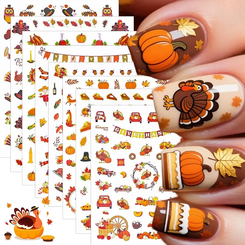 8 Sheets Fall Nail Stickers for Nail Art 3D Self-Adhesive Exquisite Maple Leaf Pumpkin Nail Decals Cute Fox Turkey Nail Design Stickers Thanksgiving Holiday Nails Art Supply for Women Acrylic Manicure