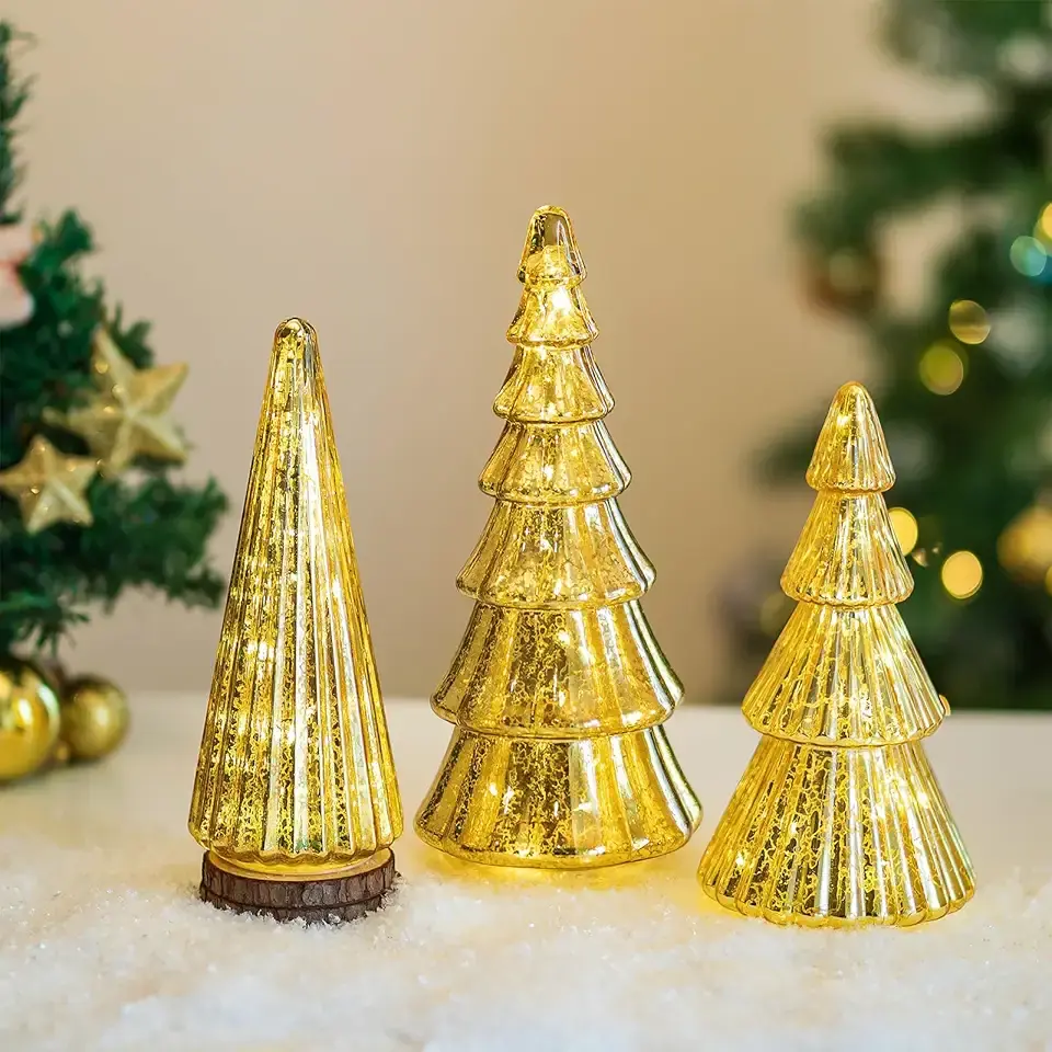 Hewory Mercury Glass Christmas Tree: Set of 3 Gold Table Top Christmas Ornaments Trees with LED Lights, Christmas Centerpiece Table Decorations Indoor for Dining Fireplace Mantel Winter Holiday Decor