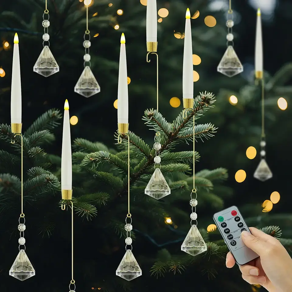 Christmas Tree Candles Battery Operated with Remote, Clip on Candles with Crystal Diamond Ornaments &amp; Hooks for Christmas Tree, Flickering LED Candlesticks for Winter New Year Home Party Decor, 10 Pcs