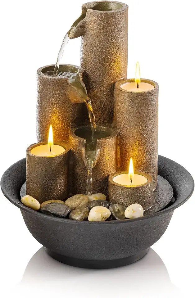 Alpine Corporation WCT202 Indoor Tabletop Tiered Water Fountain Featuring 3 Candles for Desktop and Table, 11&quot;, Brown