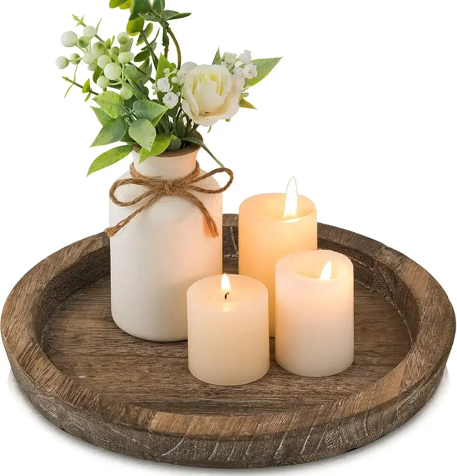 Hanobe Candle Plate Holder Tray: Round Wood Decorative Candle Plate Decor Farmhouse Table Centerpiece Rustic Wood Tealight Pillar Trays for Christmas Wedding Halloween Home Decor The Forest Stewardship Council
