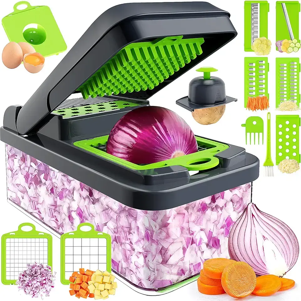 12-in-1 Vegetable Chopper, 7 Blade Veggie Chopper, Practical Food Chopper with Container, Cheese Grater, Home Essentials &amp; Kitchen Gadgets(Green/Grey)