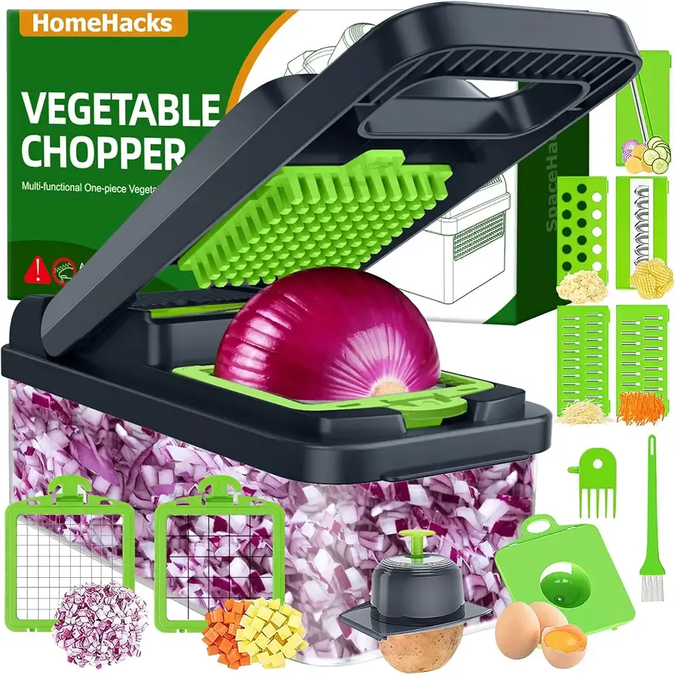HomeHacks Vegetable Chopper Vegetable Cutter, 12 in 1 Kitchen Gadget, Dicer, Slicer, Onion Cutter, Salad, Cheese Grater &amp; Egg Separator - Multi-Functional Veggie Chopper Lid with Handle (Green)